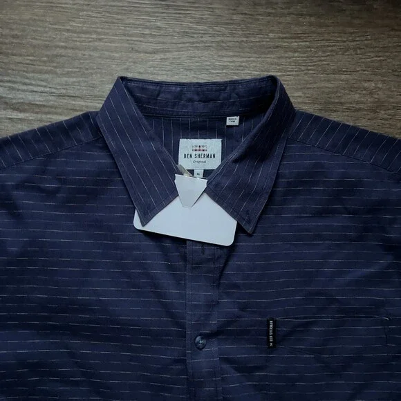 Ben Sherman NWOT Blue Stripe Short Sleeve Button Up Size XL 100 Cotton - Picture 2 of 16